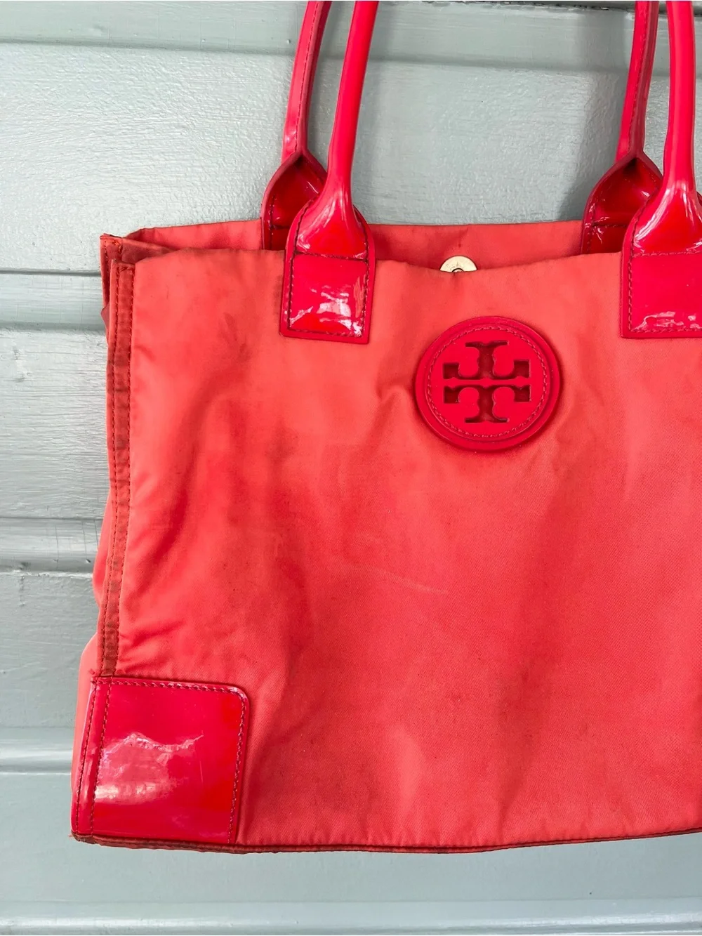 Tory Burch orange Ella tote bag shoulder purse nylon patent leather fall play